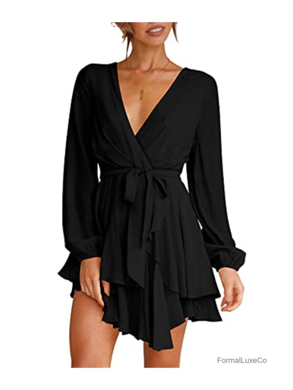Long Sleeve Deep V-Neck Waist Tie Ruffle Mini Skater Dress